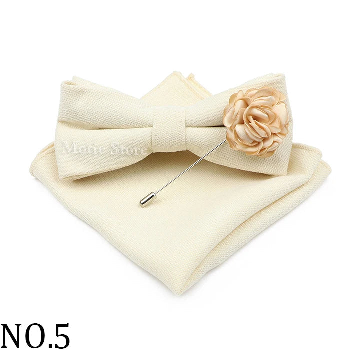 Mens Solid Color Cotton Bowtie Pocket Square Brooch Sets Pink Blue Super Soft Suede Bow Tie Handkerchief For Wedding Party Gift Good Vibrations