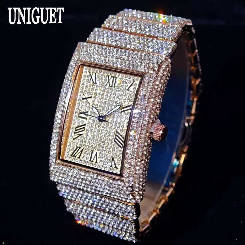 Fashion Rose Watch For Men Luxury Stainless Street Hip Hop Ice Diamond Rectangle Wristwatch Male With Calendar Rlógios Masculino Good Vibrations