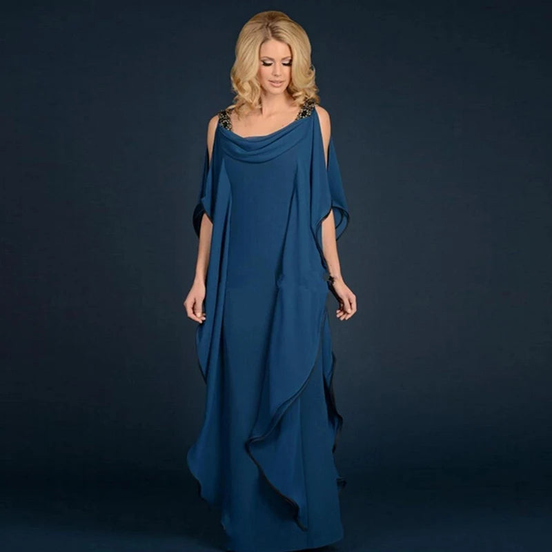 Latest Elegant Sleeveless Mother of the Bride Dresses Jewel Neck Cowl Back Tiered Wedding Party Gowns Floor Length On Sale 2022 Good Vibrations