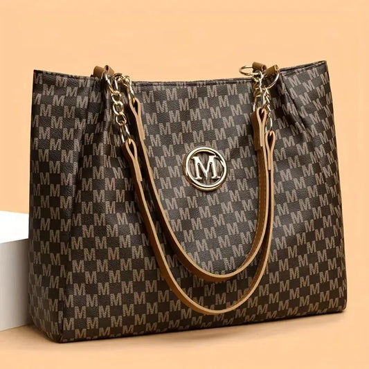 Vintage Geometric Tote Bag Synthetic Leather Letter "M" Design for Women Handbag Shoulder Bag Large Capacity Shopping Travel Bag Good Vibrations