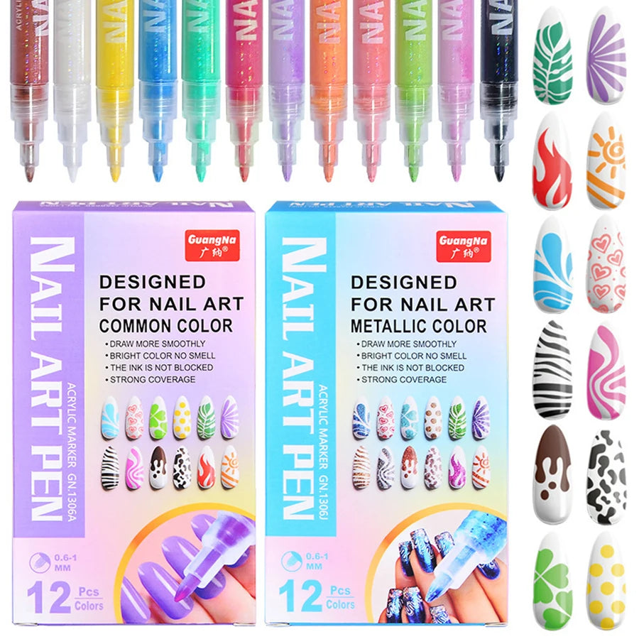 12 Color Nail Art Pens,Quick-Drying Acrylic Color Pens, Turn up DIY art on your fingertips to create a variety of wearable nails Good Vibrations