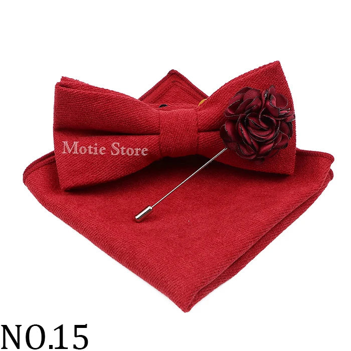 Mens Solid Color Cotton Bowtie Pocket Square Brooch Sets Pink Blue Super Soft Suede Bow Tie Handkerchief For Wedding Party Gift Good Vibrations