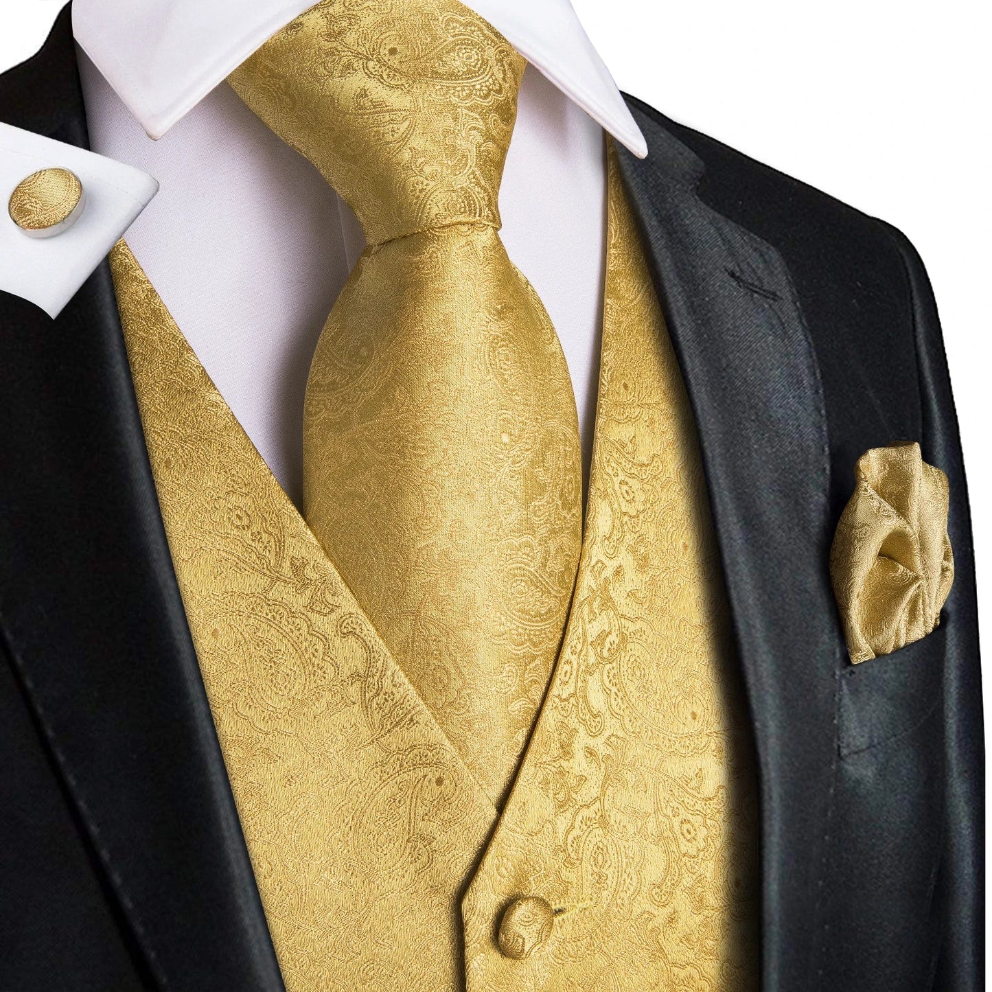 Hi-Tie Black Men Silk Vest Paisley Jacquard Necktie Hankerchief Cufflinks Sets Male Sleeveless V-Neck Waistcoat Business Formal Good Vibrations