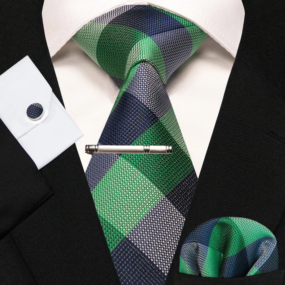 8cm Silk Mens Ties Green Black Ties plaid stripe NeckTie Pocket Square Cufflinks Tie clips Set Men's Wedding business Party Tie Good Vibrations