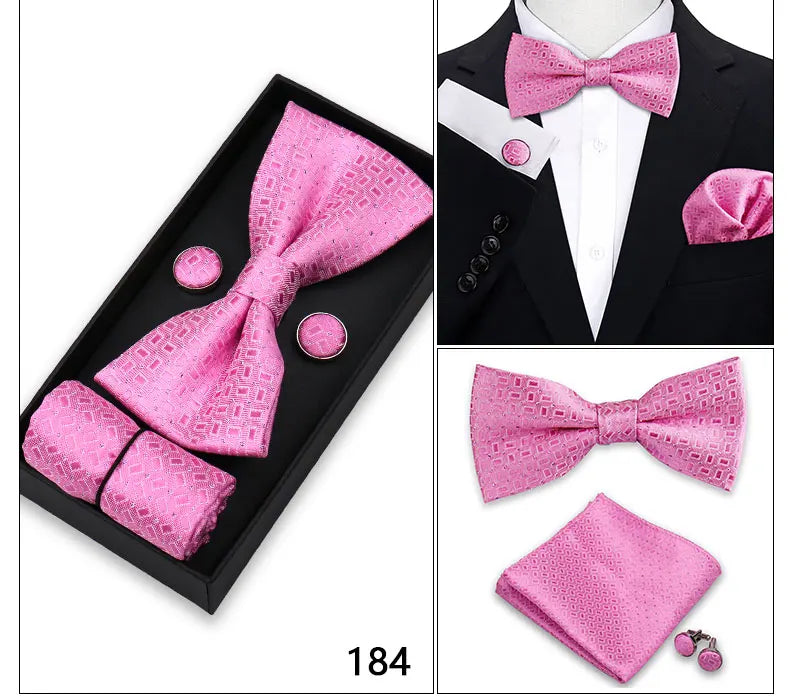 Bowtie For Men Set Gift Box Business Gift Fashion Bow Tie Pocket Square Cufflinks Set Bowtie 3pcs For Wedding Hanky Cravata Neck