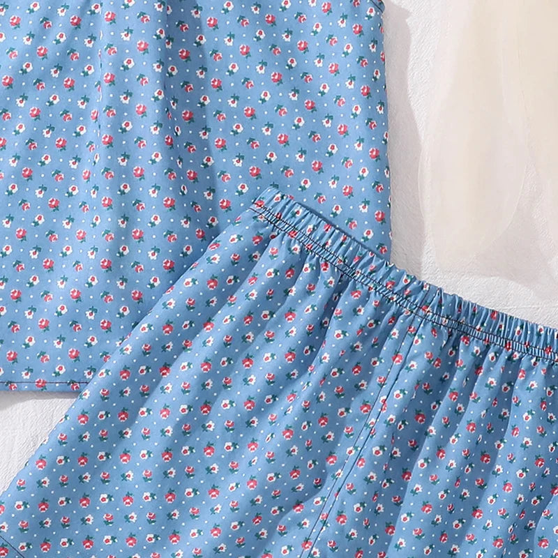 Girls Clothing  Sets Light Blue Flowers Printed Button-Down Sleeveless Top & Shorts 2 PCS Korean Style Kids Sets Daily Clothes Good Vibrations