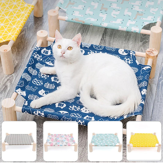 New Durable Canvas Cat Bed House Elevated Cat Hammocks Cushion Wood Canvas Cat Lounge Bed for Small Dogs Cats House Pet Products Good Vibrations