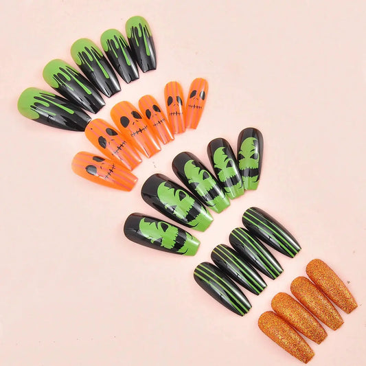 24PCS Of Halloween Nails Art Featuring Long French Square Ballet Fake Nails Funny Scarecrow Designs Gifts for women and girls Good Vibrations