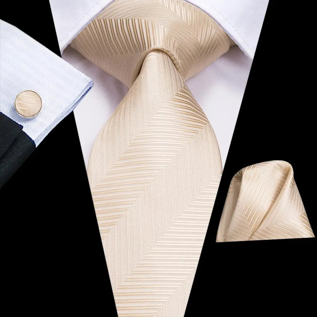 Hi-Tie Champagne Gold Striped Paisley Solid Men Silk Wedding Tie Fashion Design Necktie For Men Hanky Cufflink Business Party Good Vibrations