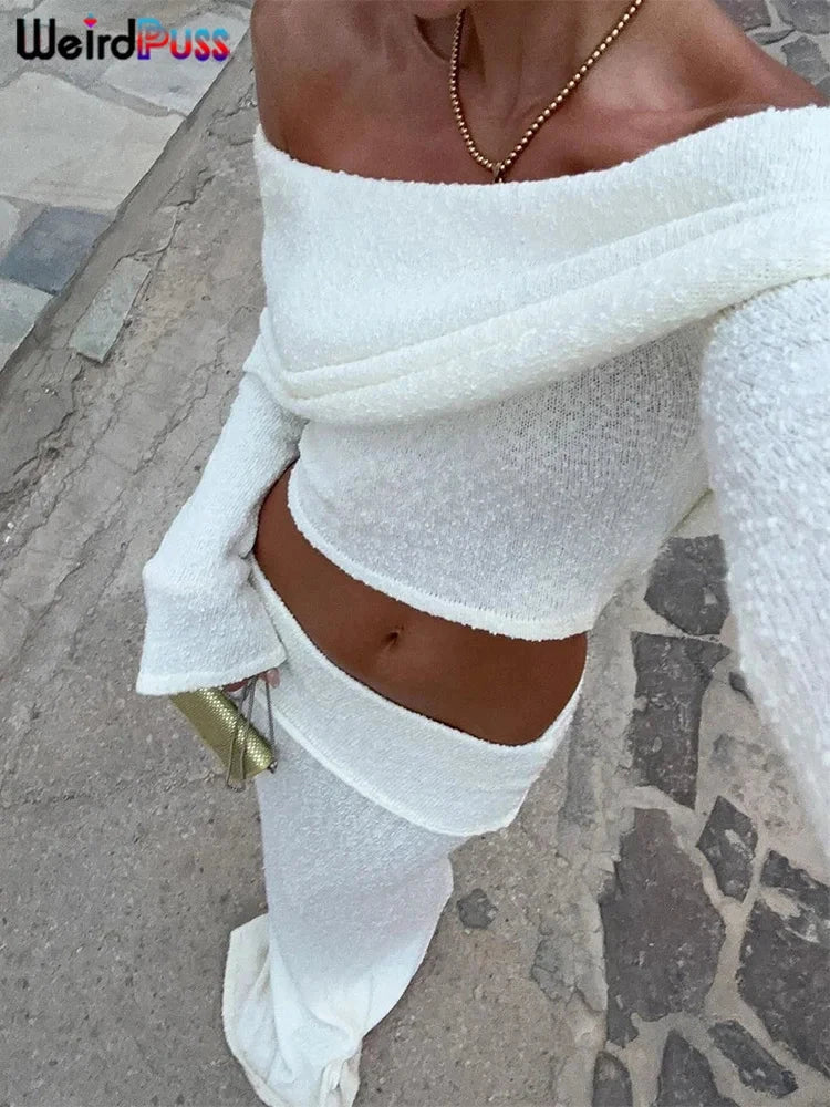 Weird Puss Elegant 2 Piece Set Women Chic Hairball Lapel Slash Neck Crop Top+Maxi Skirts Matching Autumn Trend Streetwear Suits Good Vibrations Adult Super Store