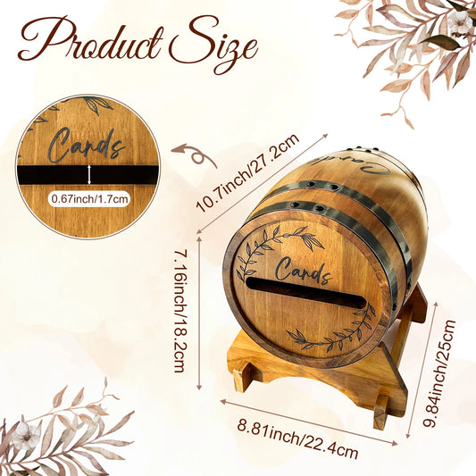 Wooden barrel-shaped card holder with dimensions and 'Cards' text on a beige background.