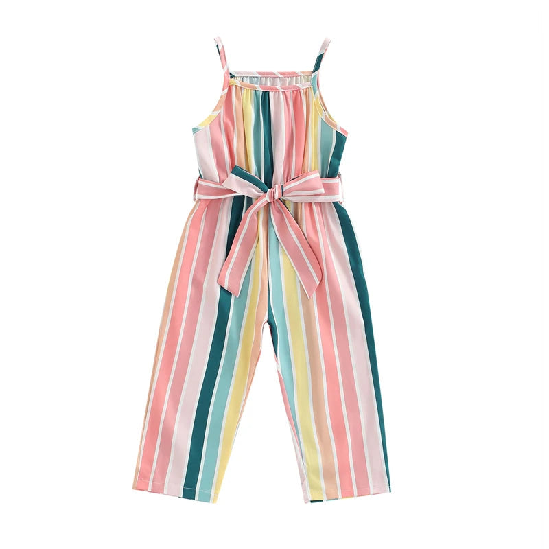 Girls Casual Bandage Sleeveless Suspender Jumpsuit Summer Fashion Stripe Printing Overalls Long Pants Children's Clothing Good Vibrations