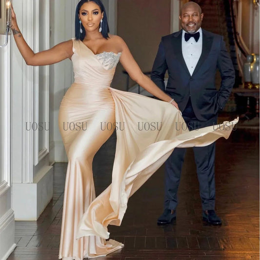 Bridesmaid Dress Champagne One Shoulder Mermaid Bridesmaid Gown for Wedding Draped Beading Women's Formal Evening Dresses Long Good Vibrations