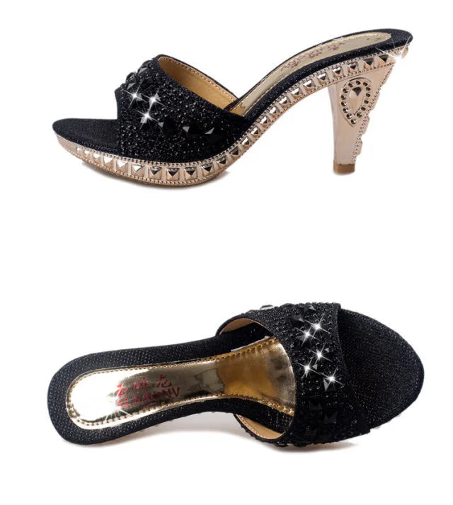 Summer Women Sandals Rhinestone Women Shoes Sexy High Heels Shoe Ladies Sandalias Gold Silver Women Slippers Heeled Sandals Sexy Good Vibrations