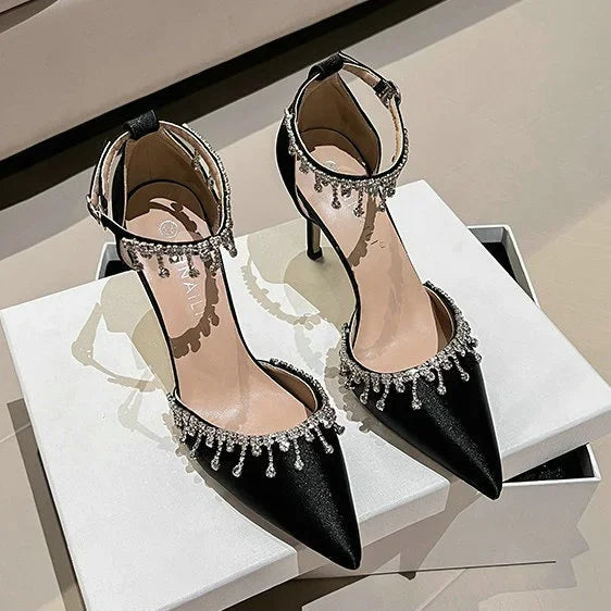 Comemore 2025 White Wedding Bridesmaid Shoes Satin Fashion Rhinestone Fringe Chain High Heels Black Temperament Elegance Pumps Good Vibrations