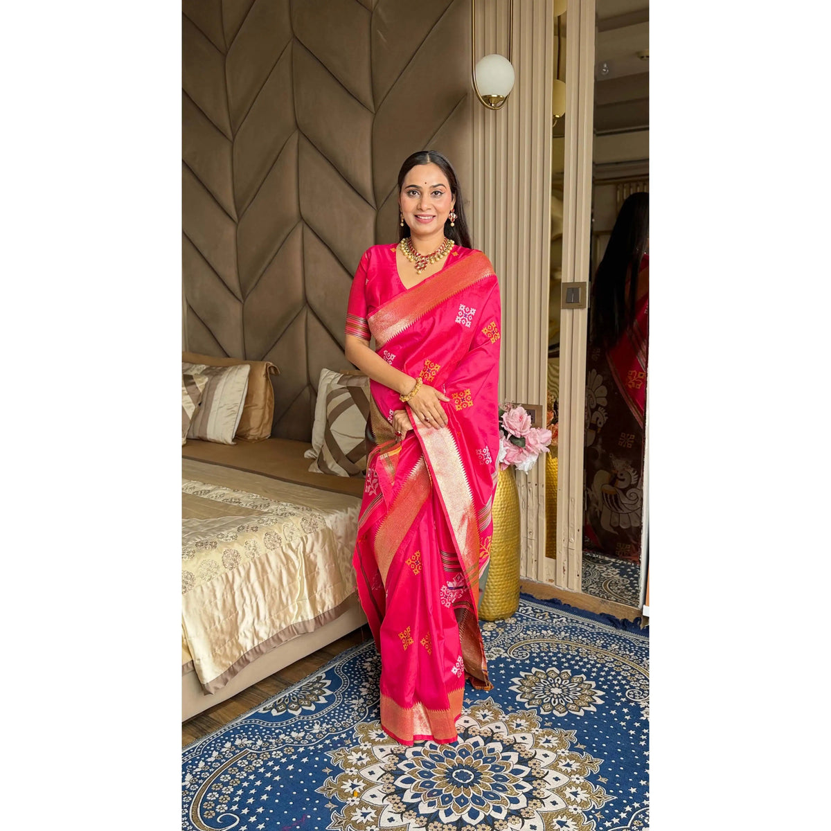 Elite Weaves Soft Silk Ikkat Patola Saree with Meenakari Motifs Peacock Pallu & Gold Zari Border Wedding Dresses Good Vibrations