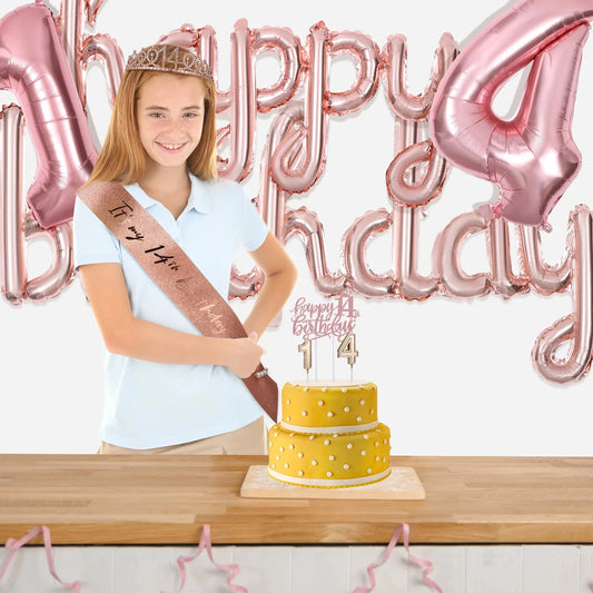 14 Year Old Girl Birthday Decorations Party Supplies Celebration Festive Holiday Nament Crown Sash Pearl Pin Balloon Garland Good Vibrations