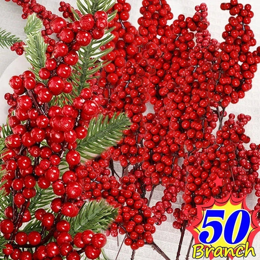 Christmas Red Berries Fake Plants Flowers Artificial Holly Berry Stamen Wreath Ornaments for Xmas Tree Party Home Decor Good Vibrations
