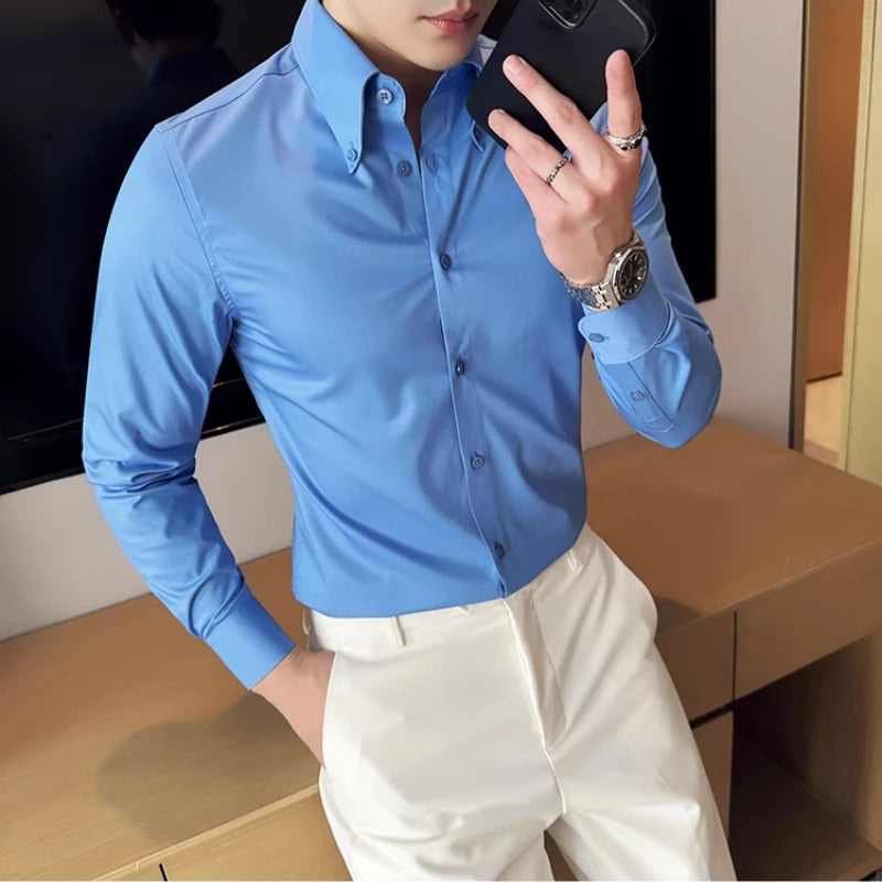 High Quality Versatile Business Casual Shirt Men Korean Fashion Long Sleeved Slim Fit Shirt Office Work Uniform Men Clothing 6XL Good Vibrations