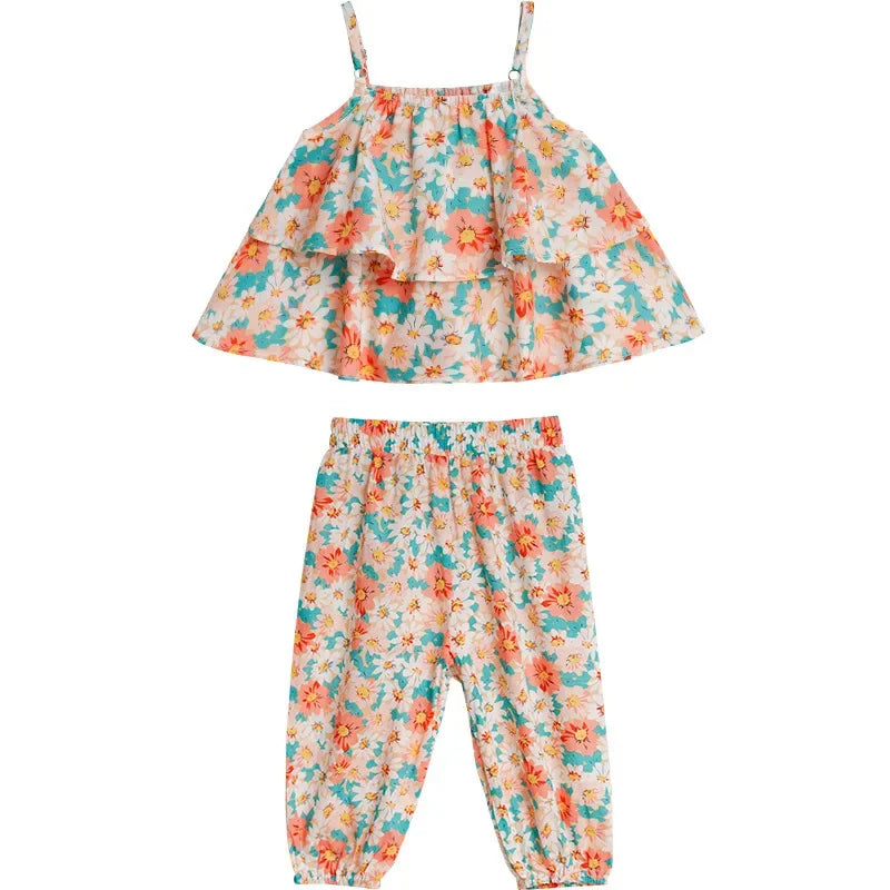 2024 Summer New baby Girls' Suits Cute Floral Vest And Anti-Mosquito Pants Children Clothing Sets Fashion Kids Outfit Good Vibrations