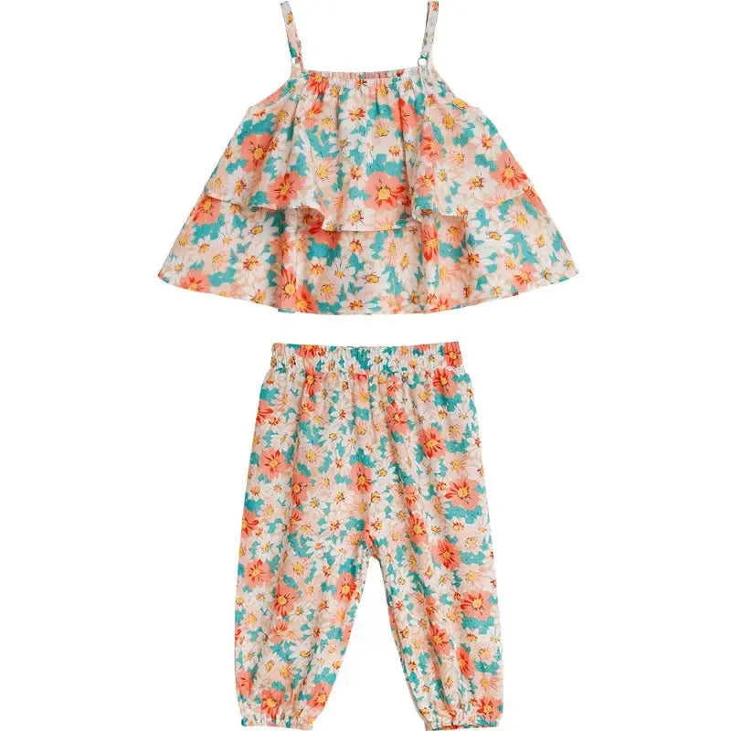 2024 Summer New baby Girls' Suits Cute Floral Vest And Anti-Mosquito Pants Children Clothing Sets Fashion Kids Outfit Good Vibrations