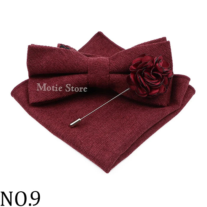 Mens Solid Color Cotton Bowtie Pocket Square Brooch Sets Pink Blue Super Soft Suede Bow Tie Handkerchief For Wedding Party Gift Good Vibrations