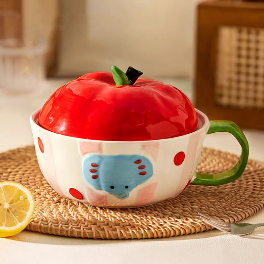 Cute Cartoon Pattern Noodle Bowls Durable Ceramic Underglaze Deep Soup Bowl With Lid Household Kitchen Ramen Serving Dinnerwares Good Vibrations