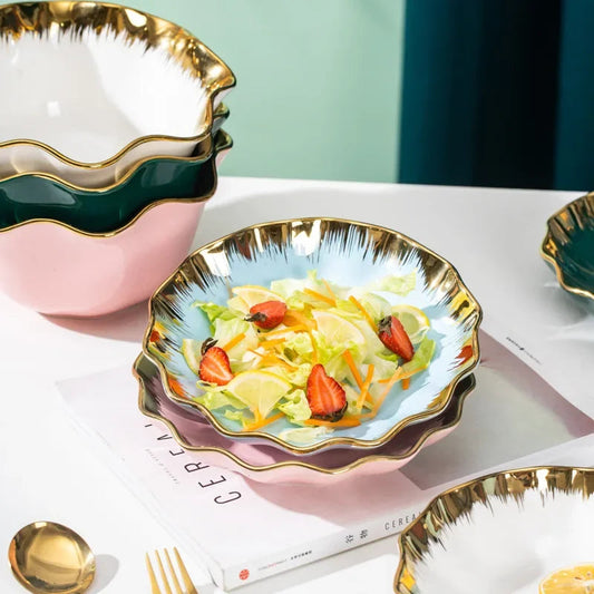 Nordic Luxury Ceramic Bowl Plate Set Tableware Creative Salad Vegetable Fruit Plate Dessert Noodle Bowl Crockery 8 inch Good Vibrations