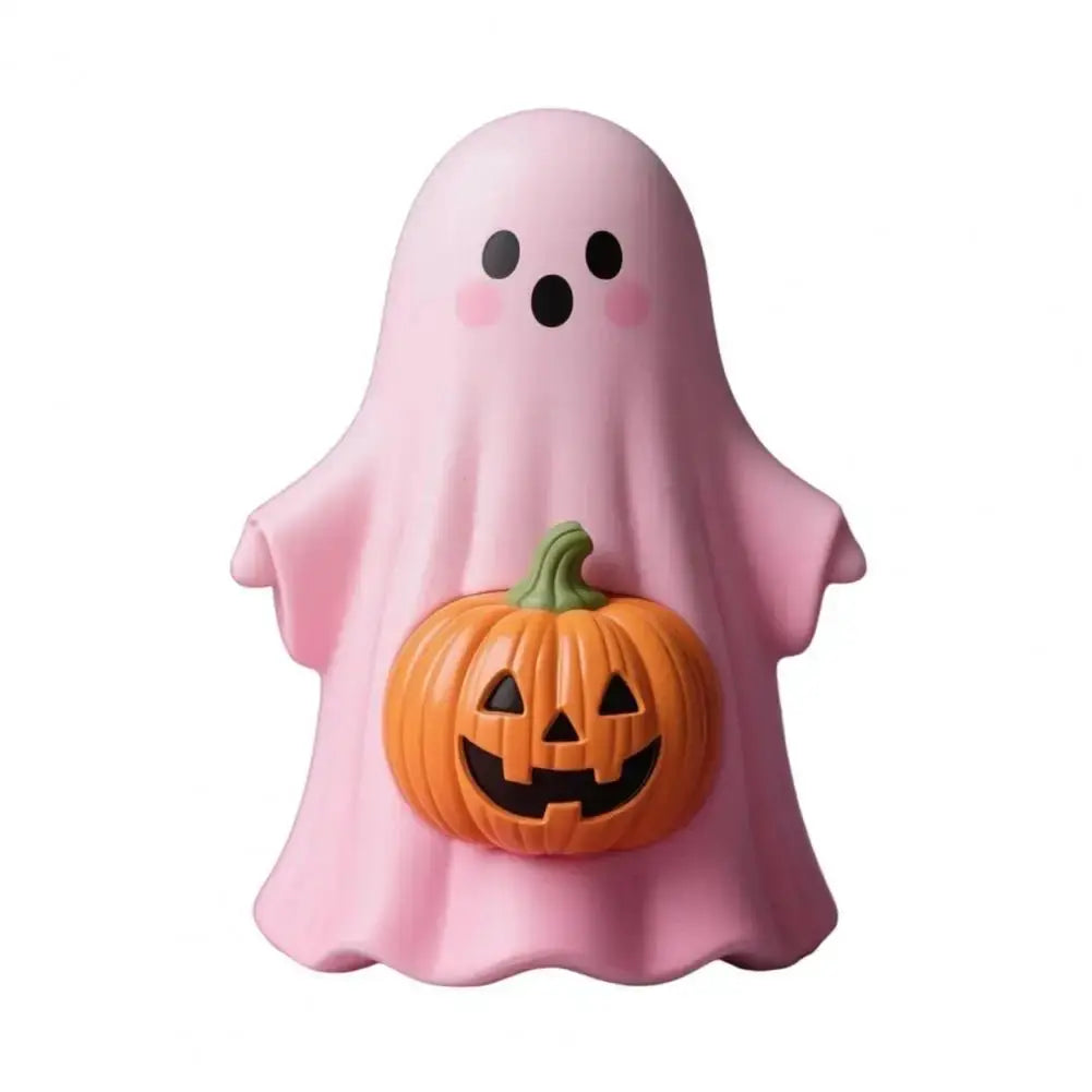 Handheld Pumpkin Decoration Halloween Ghost Ornament Pink Halloween Ghost Figurine Set with Pumpkin Decoration Resin for Home Good Vibrations