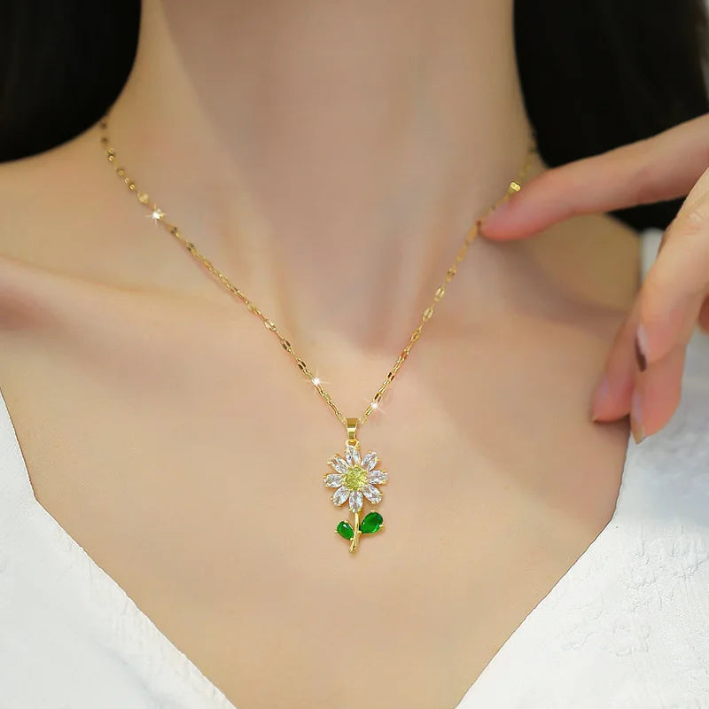 Classic Green Leaf Flower Necklace and Earrings Set Light Luxury Sunflower Personalized Banquet Stainless Steel Jewelry Good Vibrations Adult Super Store