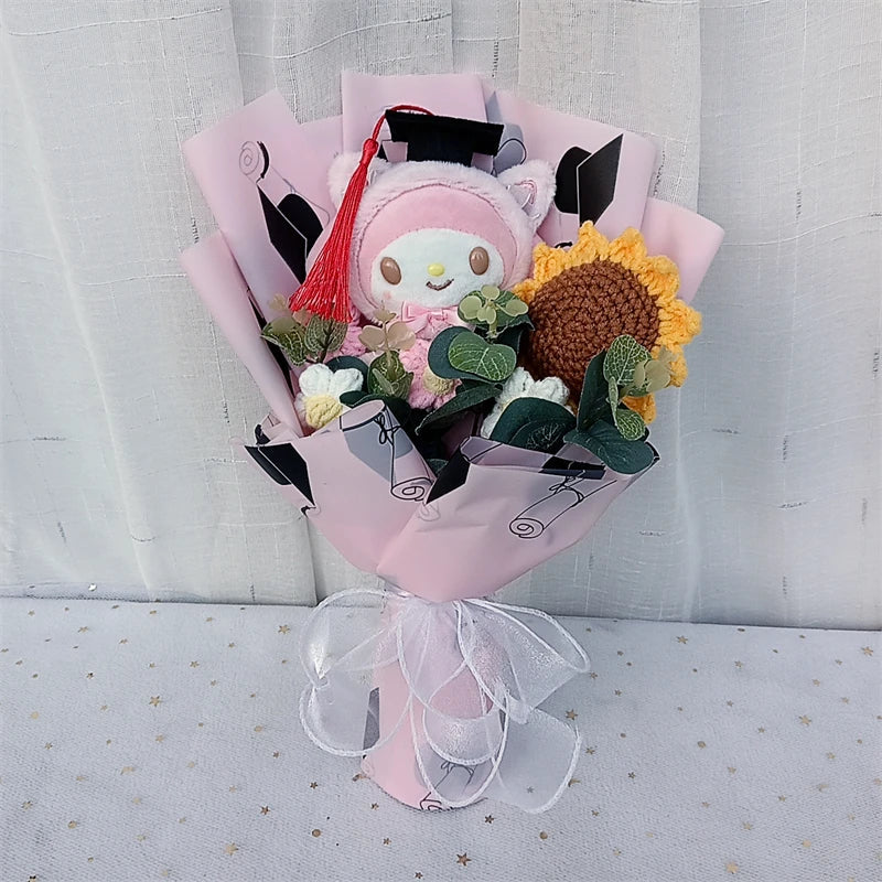 Graduation Gifts Sanrio Kuromi Hello Kitty With Crochet Sunflower Bouquet My Melody Cinnamoroll Mother's Day Birthday Gifts Good Vibrations