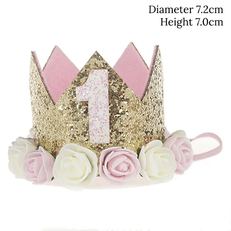 Baby Birthday Decoration Girl 1 2 3 Years Crown Hat Pink White Flower Sequins Crown 1st birthday Photo Prop Happy Birthday Gifts Good Vibrations