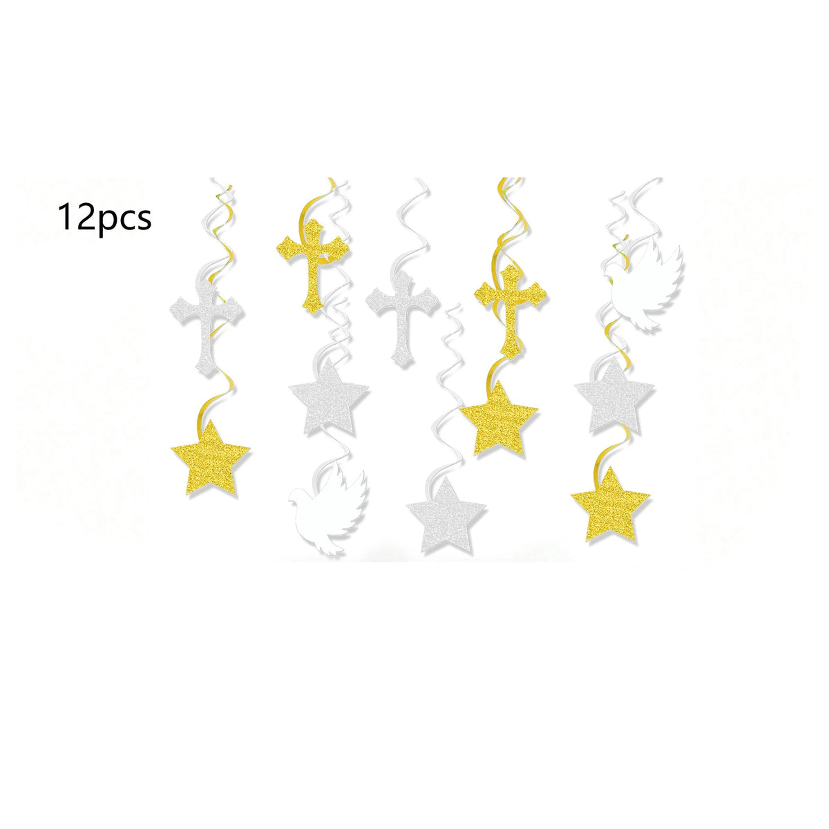 Religious Party Decor Set First Communion Baptism Hanging Swirls & Wooden Confetti Cross Dove Star for Christian Party Supplies Good Vibrations
