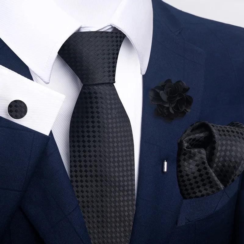 Luxury Mens Ties Floral Black Gold Ties Paisley NeckTie Pocket Square Cufflinks Brooch Set Men's Wedding Party Tie Good Vibrations