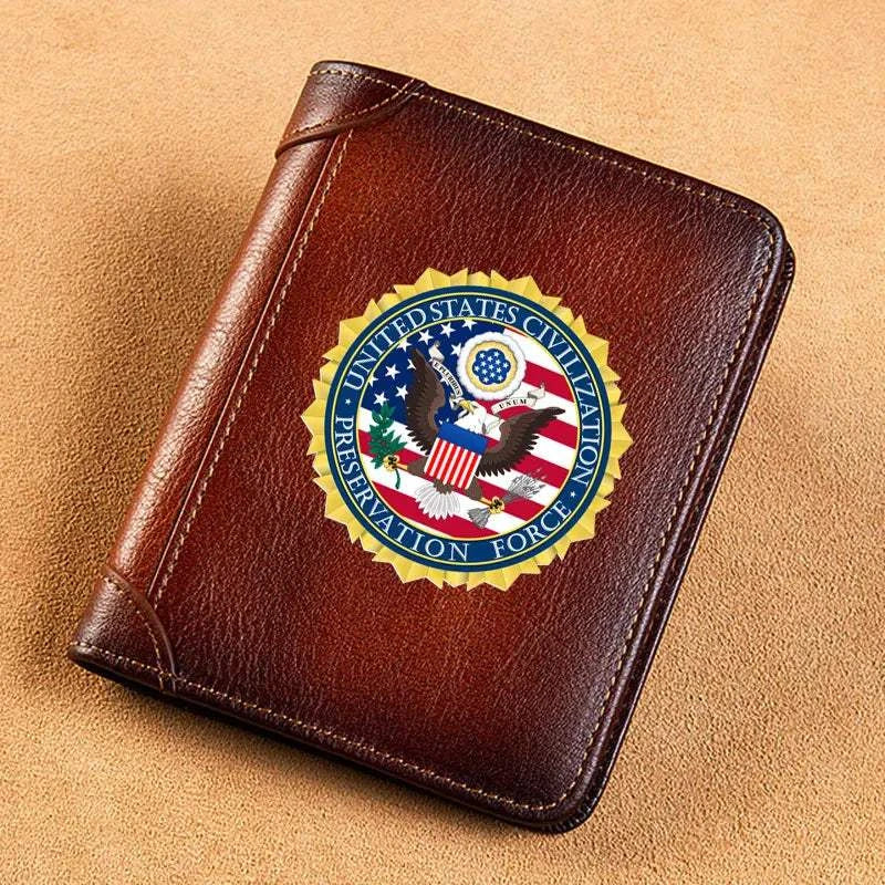 High Quality Genuine Leather Men USA FBI Department Of Justice Printing Cover Short Card Holder Purse Luxury Brand Male Wallet Good Vibrations