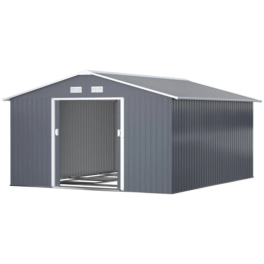 12.6' x 11' Metal Storage Shed, Garden Tool House with Double Sliding Doors, 4 Air Vents for Backyard, Patio & Lawn, Dark Gray Good Vibrations