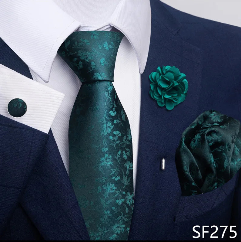 Luxury Mens Ties Floral Black Gold Ties Paisley NeckTie Pocket Square Cufflinks Brooch Set Men's Wedding Party Tie Good Vibrations
