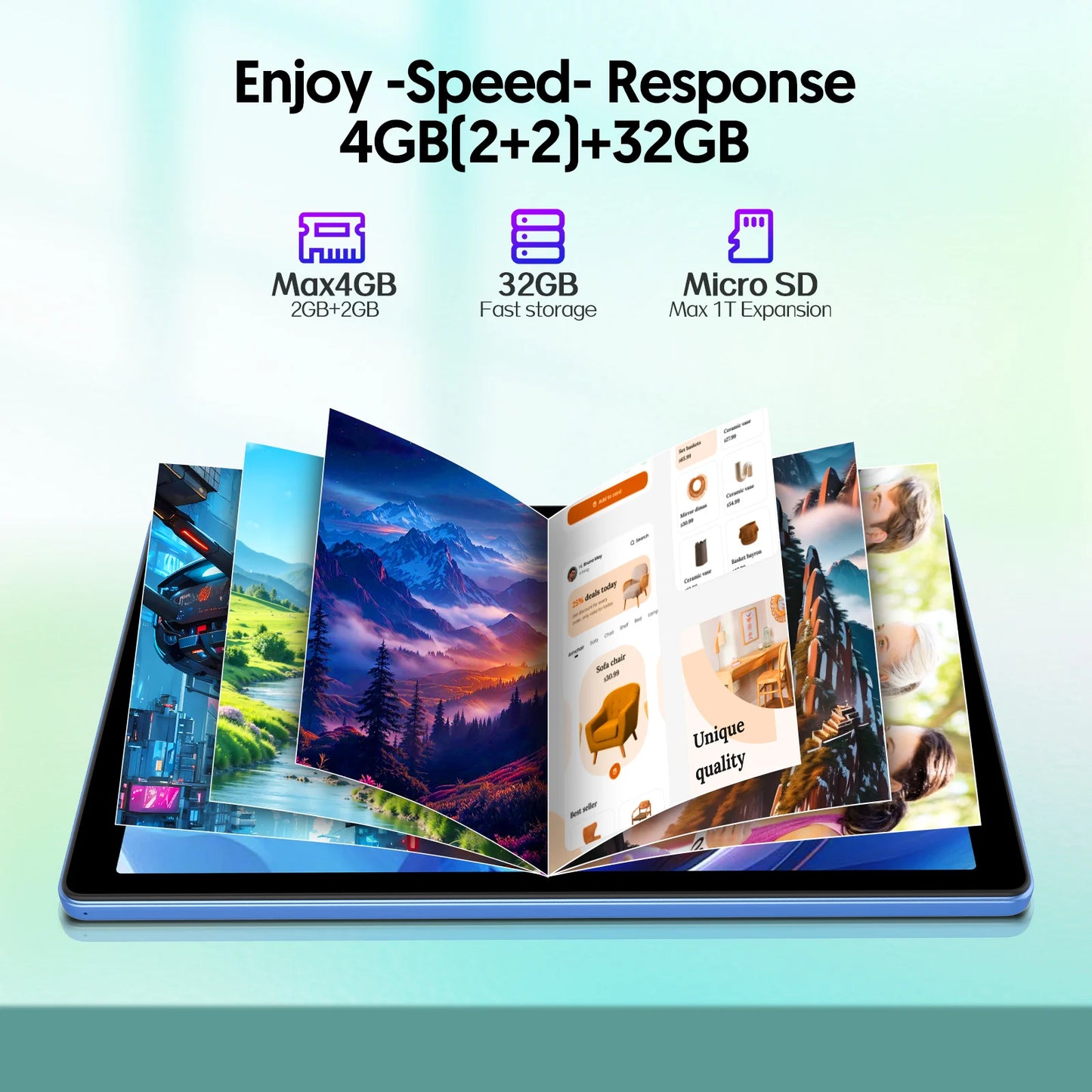 10-inch Android tablet, 4GB (2G + 2G memory expansion) RAM + 32GB ROM, 1280x800 IPS screen, dual cameras, WiFi, 6000 mAh battery Good Vibrations