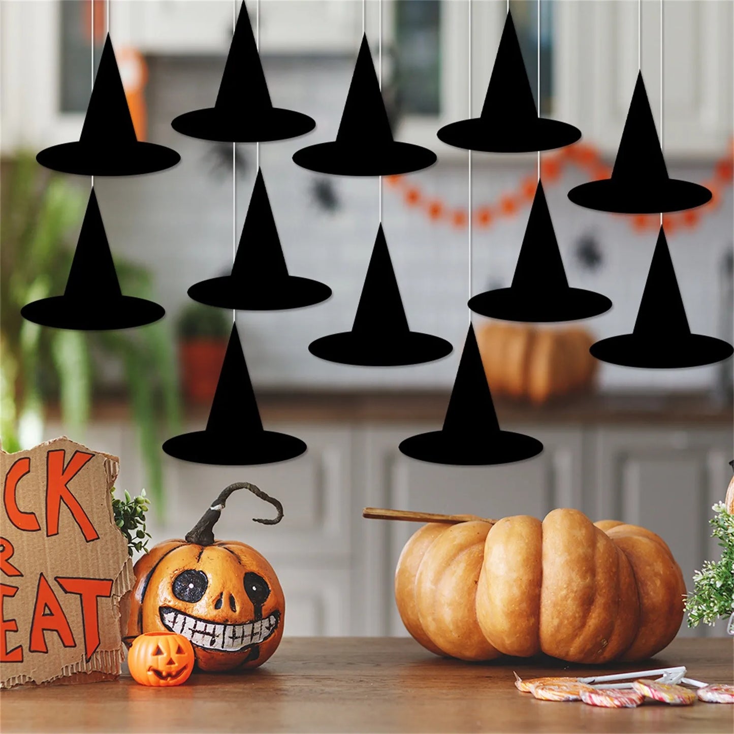 12 Pices Halloween Hangs Decor Holiday Theme Party Black Hanging Witch Hat Props Indoor Outdoor Floating Dress-up Accessories Good Vibrations