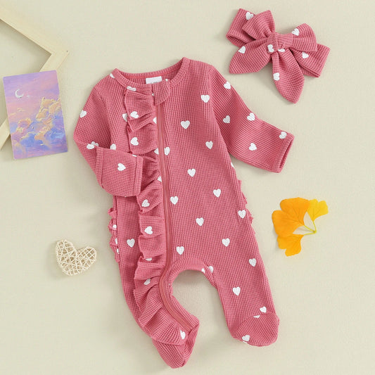 Pudcoco Baby Girls Valentines Day Foot Cover Jumpsuit Long Sleeve Crew Neck Heart Print Ruffle Zipper Footies with Headband 0-6M Good Vibrations