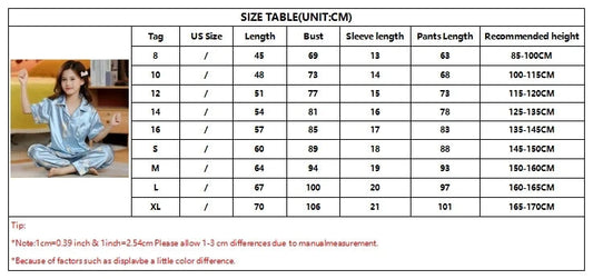 New Kids Spring Autumn Silk Satin Pajamas Set Girls Cartoon Button-Down Long Sleeve 2 Pieces Tops+Pants Sleepwear Pyjama Clothes Good Vibrations