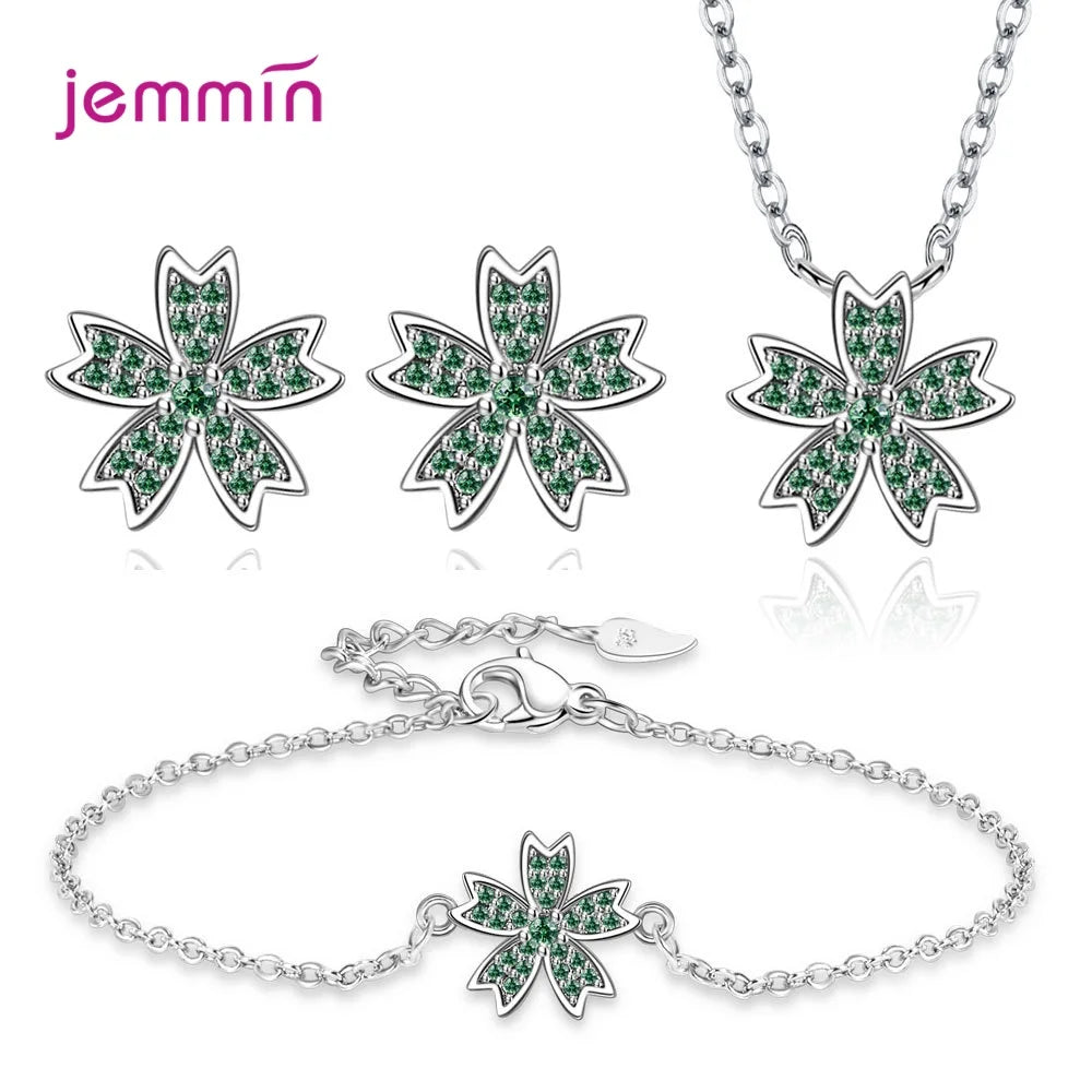Charm 925 Sterling Silver Jewelry Sets Shiny Cherry Blossoms Cubic Zircon Necklace Earrings Bracelet for Women Girls Party Gift Good Vibrations