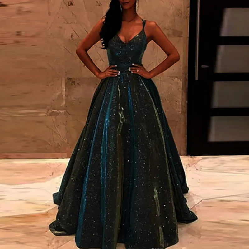 Lady Formal Occasion Glitter Sequins Dresses Sexy Elegant Backless Sleeveless Party Evening Dress New Women Waisted A-line Dress Good Vibrations
