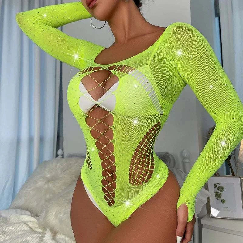 Women sexy rhinestone fishnet bodysuit with long sleeves and hollow shiny diamond design.