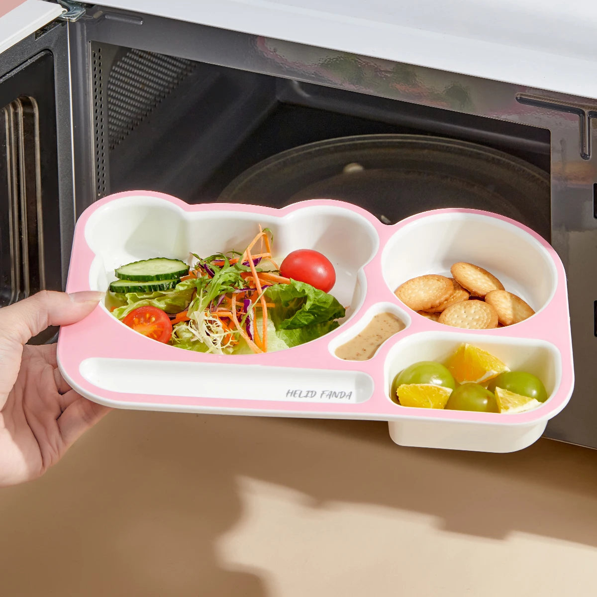 WORTHBUY Cartoon Plastic Divided Dinning Plate With Bowl Durable Bento Lunch Box For Kids Microwave Heatable Reusable Food Plate Good Vibrations