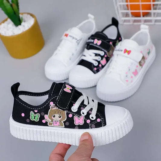 Children's Canvas Shoes Spring Autumn White Embroidery Cartoon Boys and Girls Single Shoes Pink Soft Non-slip Kids Casual Shoes Good Vibrations