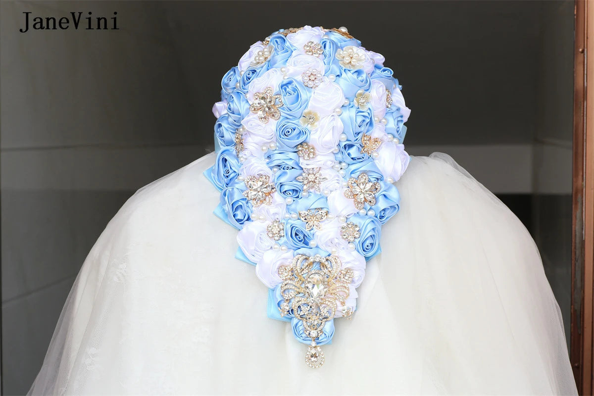 JaneVini Elegant Korean Light Blue Cascading Flowers Crystal Waterfall Bridal Bouquets Pearl Ribbon Roses Wedding Brooch Bouquet Good Vibrations