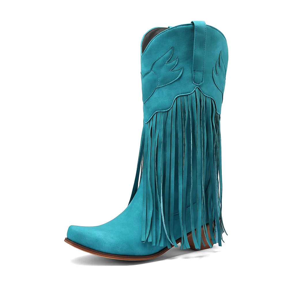 Women Mid-calf Cowboy Boots Retro Leather Tassel High Western Botas Winter Pointed Chunky Heels Booties Fashion Ladies Shoes Good Vibrations
