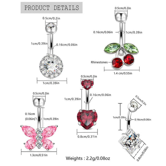 3pcs/Set Stainless Steel Color Cubic Zirconia Navel Rings Round Butterfly Heart Cherry Shapes Fashion Body Piercing Jewelry Good Vibrations Adult Super Store