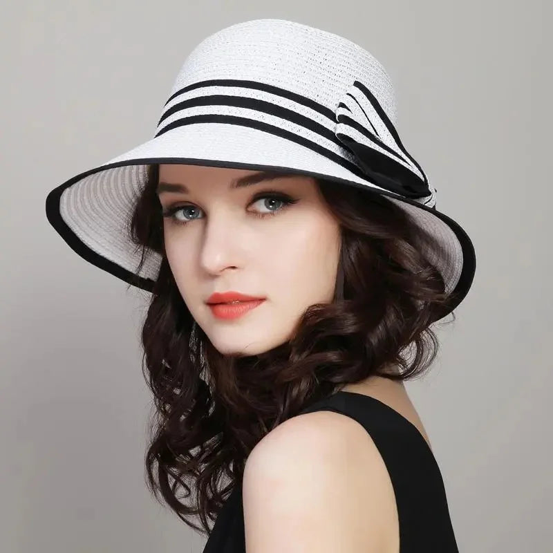 Muchique Boater Hats for Women Summer Sun Straw Hat Wide Brim Beach Hats Girl Outside Travel Straw Cap Casual Bow Hat Good Vibrations